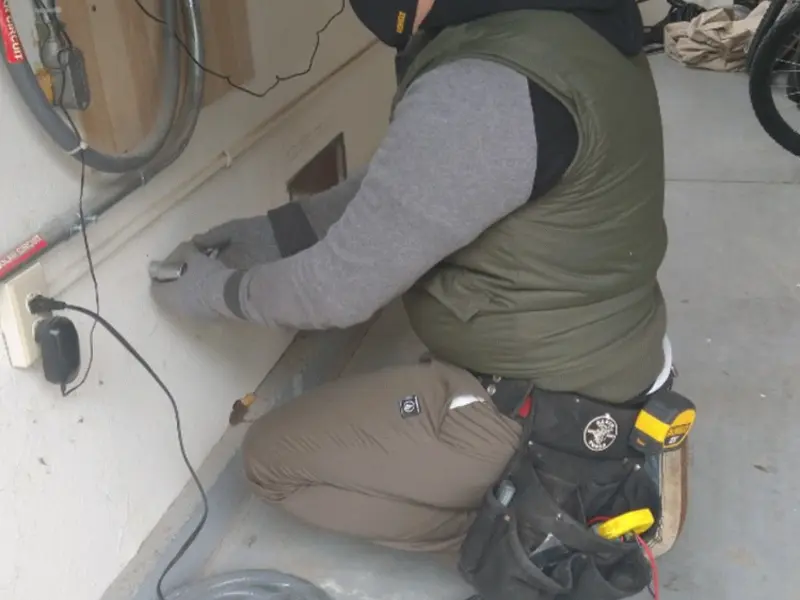 Electrician performing outlet wiring in a Lewisville garage